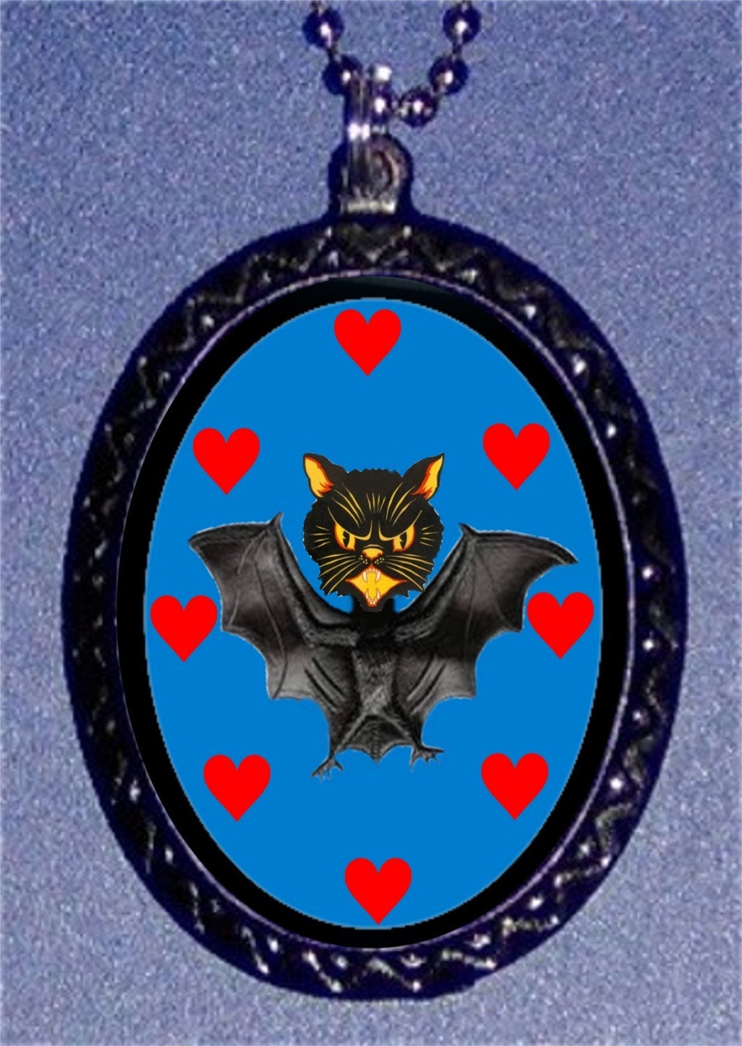 Kitty Cat Vampire Bat Horror Gothic Bats Handmade Handcasted Metal Pendant handpainted black and ballchain Necklace