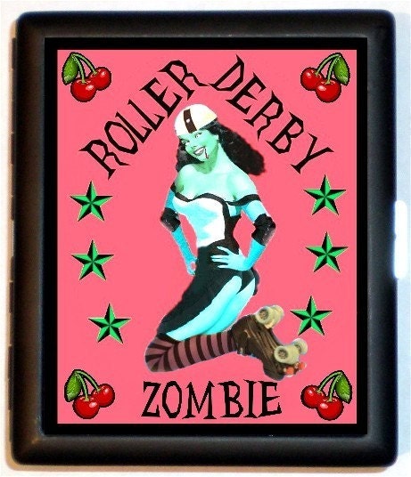 Roller Derby Zombie Pinup Roller Skater Pin Up Lowbrow Juxtapoz Roller Skates Skating Cigarette ID Case Business Card Holder Wallet