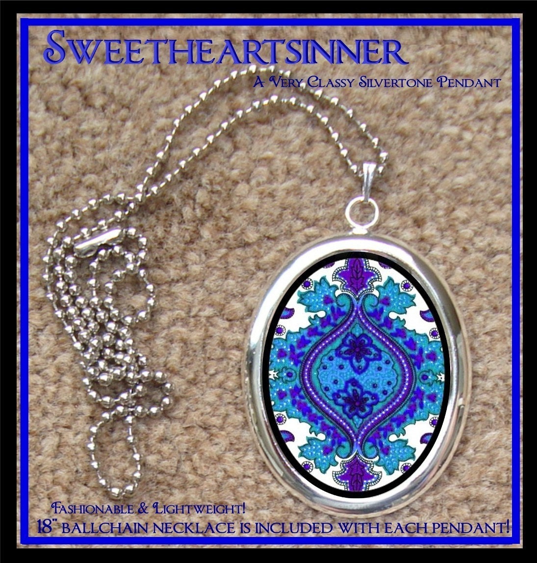 DIVINE BLISS DESIGNS - Silver Tone Pendant With Chain - Blue Damask Eastern Pattern