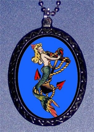 Tattoo Mermaid Sailor Gal on Blue Handcrafted Handcasted Metal Pendant Handpainted Black and assembled by myself with a ballchain necklace