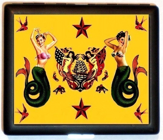 Four Mermaids with Swallows and fish Tattoos Nautical Vintage Retro Design Rockabilly Cigarette Case or Wallet or Business Card Holder