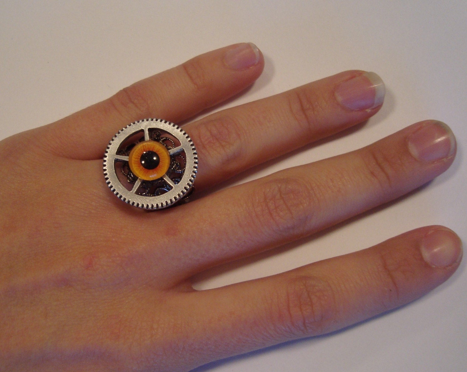 Victorian Steampunk OCULA MACHINUS Orange Glass Eye Gear Watch Clock Ring