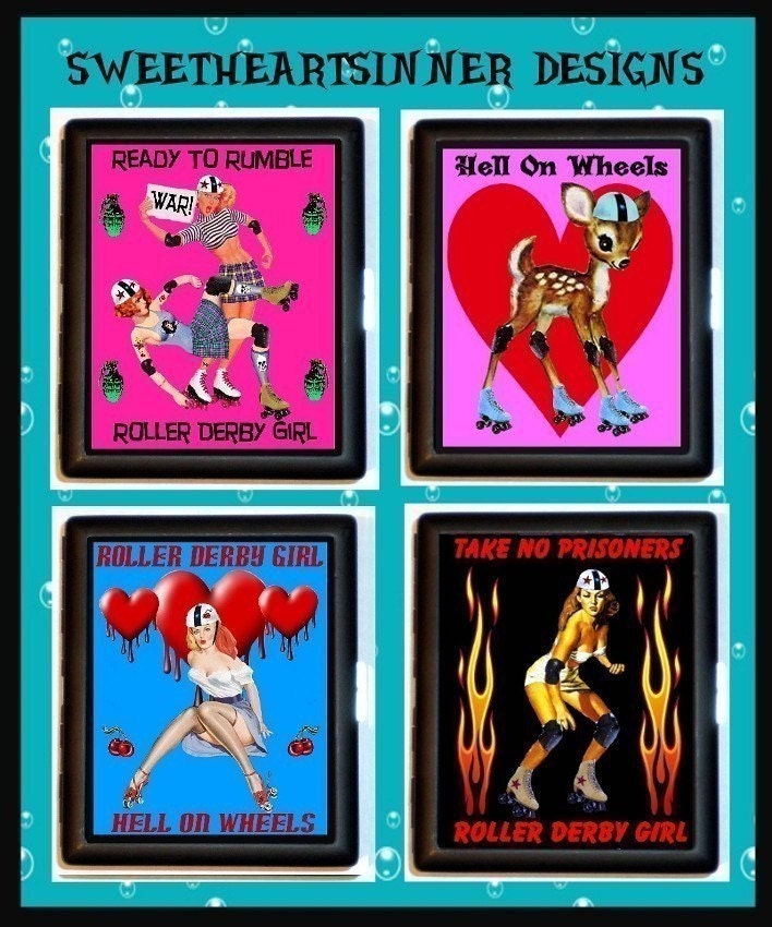 Roller Derby Girl Give Em Hell Roller Skating Skates Tough Chick Skater Roller Derby Cigarette ID Case Business Card Holder Wallet