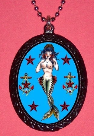 Cute Girlie Mermaid Stars Tattoo Cute Old School Sailor Jerry Type Sexy Gal Handmade DIY Metal Pendant and 18 inch Necklace