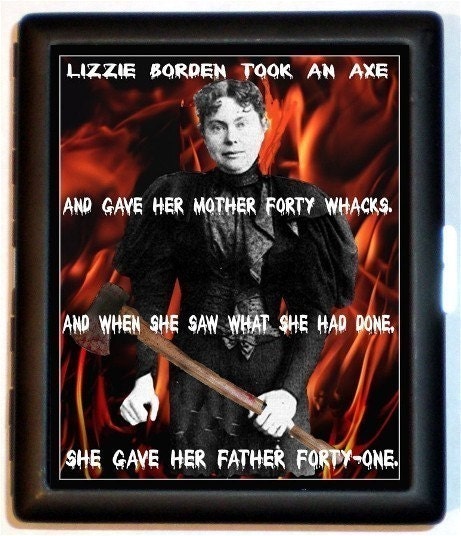 Lizzie Borden Axe Murderer with Classic Poem admist Flames of Hell Cabinet Card Cigarette Case or Wallet