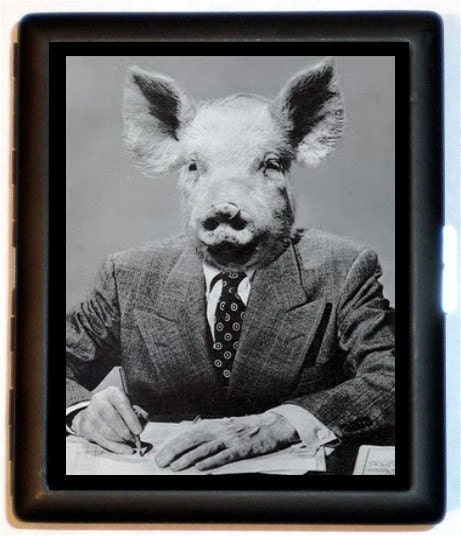 Vintage Oink Pig Man in Suit Weird Retro Kitsch Cigarette Case or ID Holder or Business Card Case Wallet or MP3 Holder