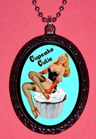 Cupcake Cutie Kawaii Pinup Pin up Rockabilly Sitting on Cupcake Blue Version Pendant Necklace