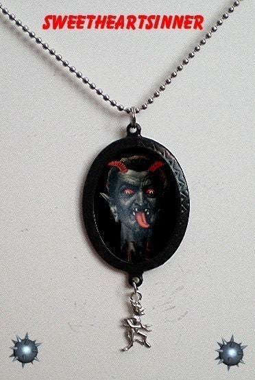 Satan Devil Face Horror Gothic Pendant with Devil and Pitchfork Pewter Charm Necklace Goth Horror Halloween PUNK Rock Fear Factor