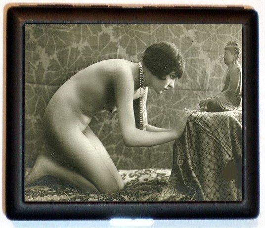 Flapper Nude Jazz Age Roaring 20s Pinup Louise Brooks Lookalike Nude with Buddha Style Three Cigarette ID Case Business Card Holder Wallet