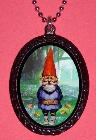 Creepy Cute Gnome in Forest with Mushroom plants Handcrafted Handcasted Metal Pendant Handpainted Black with silvertone ballchain necklace