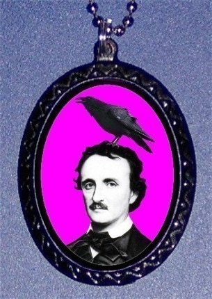 Pink Edgar Allan Poe Punk Raven on Head Literature Horror Fan Handcrafted Handcasted Metal Pendant Handpainted Black with silvertone ballchain necklace