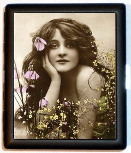 Art Nouveau Beautiful Woman with Long Flowing Hair and Flowers Everywhere Fantasy Whimsical Cigarette Id Case Business Card Wallet