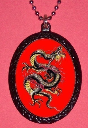 sexy Red Dragon Tattoo Like Chinese Handcrafted Handcasted Metal Pendant Handpainted Black and assembled by myself with a ballchain necklace