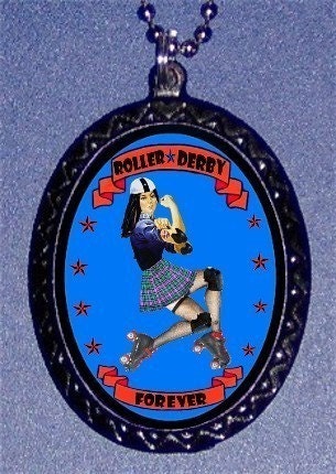 Retro Vintage Design Roller Derby League PINUP FOREVER Roller Skating Handcrafted Handcasted Metal Pendant Handpainted Black and assembled by myself with a ballchain necklace
