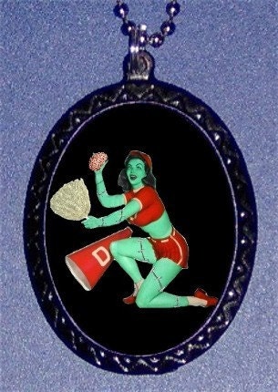 Zombie Cheerleader Pinup Pin Up Necklace Pendant Psychobilly Rockabilly Living Dead Girl with Pom Poms Goth High School
