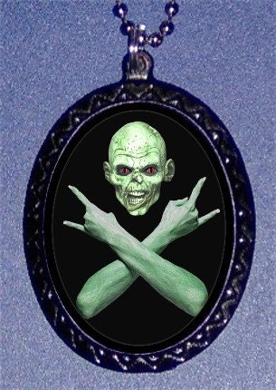 Zombie Rocker Living Dead Stoner Dude Handcrafted Handcasted Metal Pendant Handpainted Black with silvertone ballchain necklace