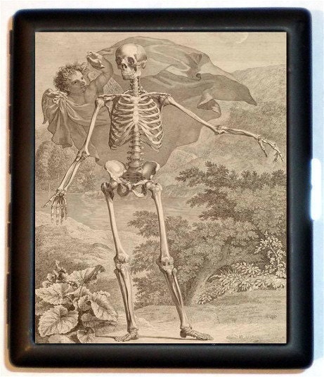 Skeleton with Cupid Anatomy Print Medical Oddity Cigarette Id Case Business Card Holder