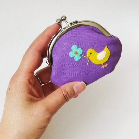 Coin purse - bird with flower on purple