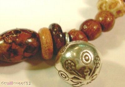 Kitty Cat Collar, Raku, Wooden, Silver Bead Necklace