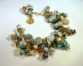 Tahiti Blue Lampwork, Cats, Sterling, Fringe Bracelet, Free Shipping
