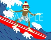 Sock Monkey Surfer Longboard Surfboard Surf Pop Art 8x10 Print