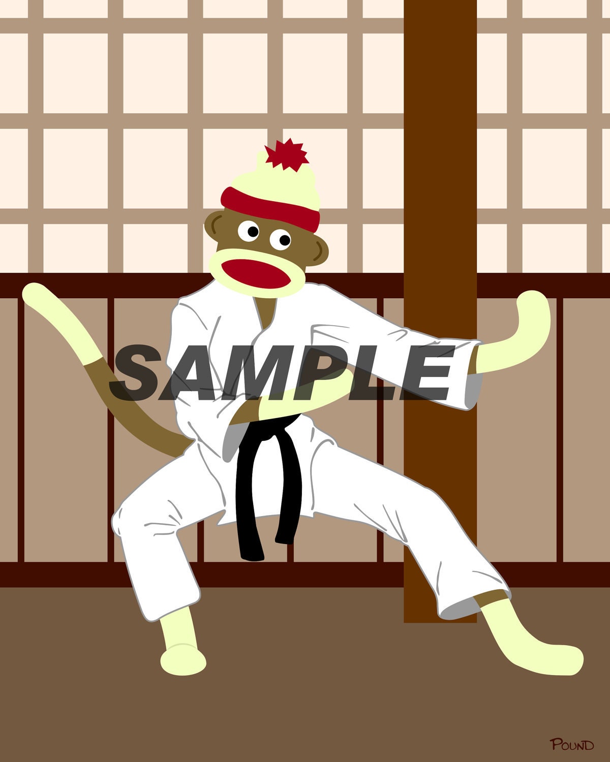 Sock Monkey in Karate Uniform Black Belt Martial Arts Fighter 8x10 Print