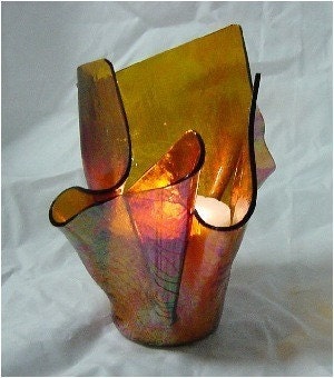 Vase Candle - Amber Cathedral Iridized Slumped Stained Glass Vase - VaseCandle