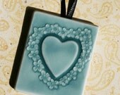 Victorian Valentine Heart with Flowers - Handmade Ceramic Tile glazed in turquoise