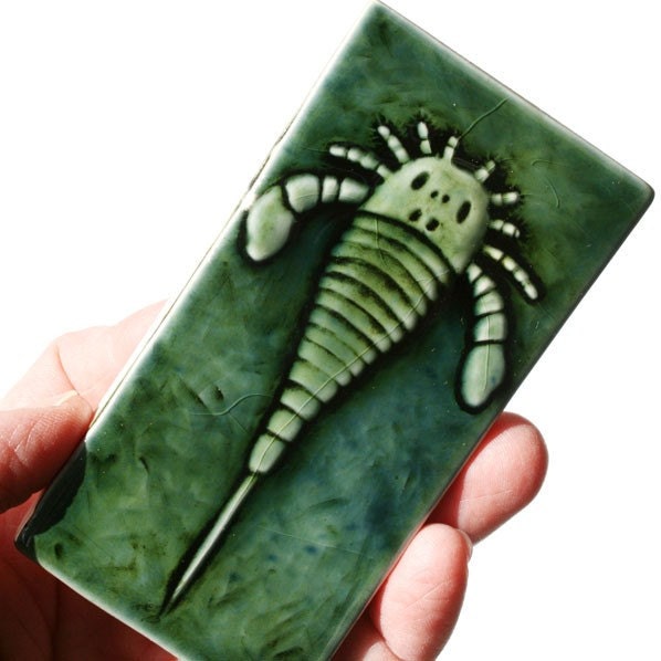 Fossil - Eurypterus - Emerald green - Handmade Ceramic Tile for home decor