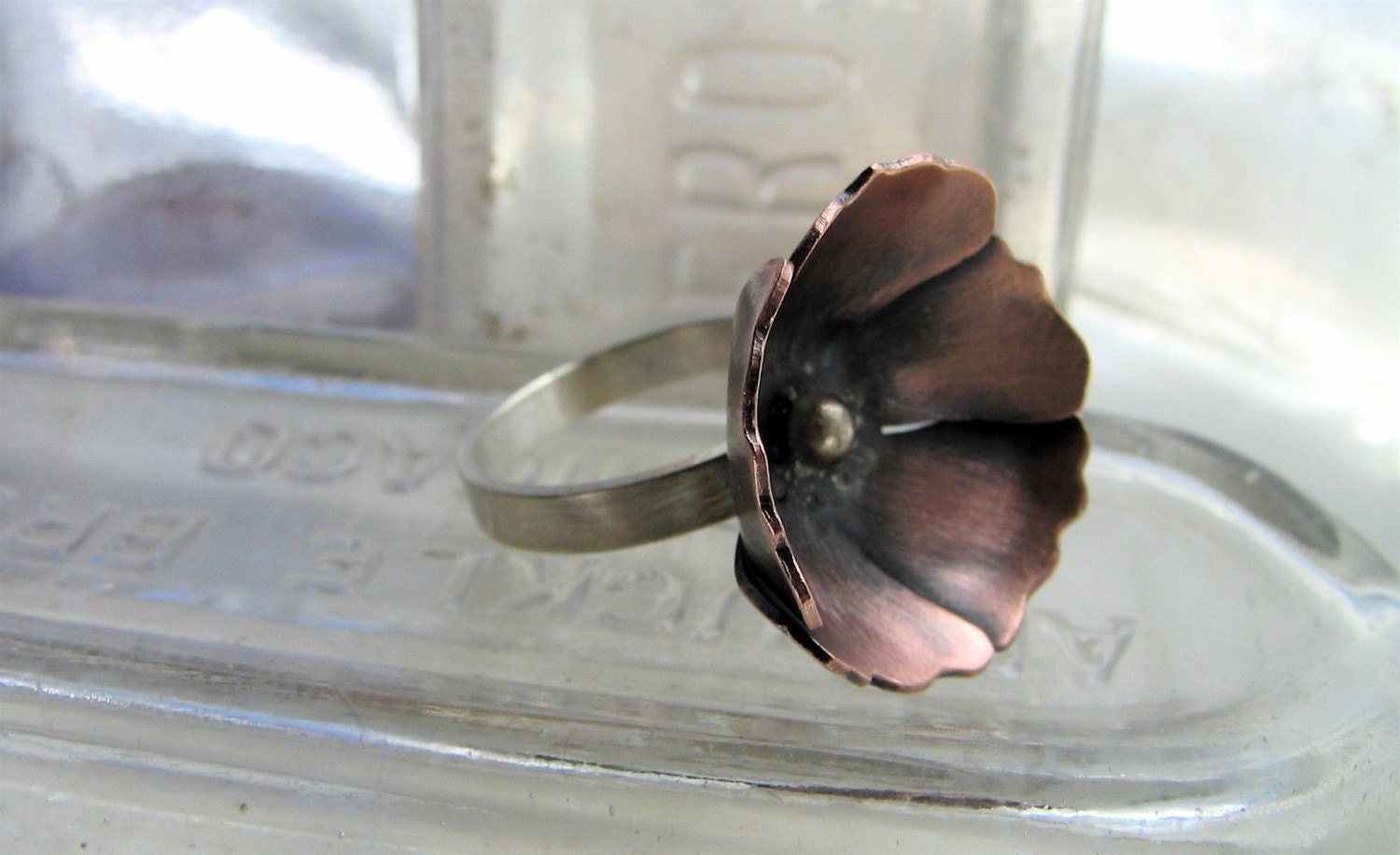 Poppy copper and sterling silver blossom ring - made to order
