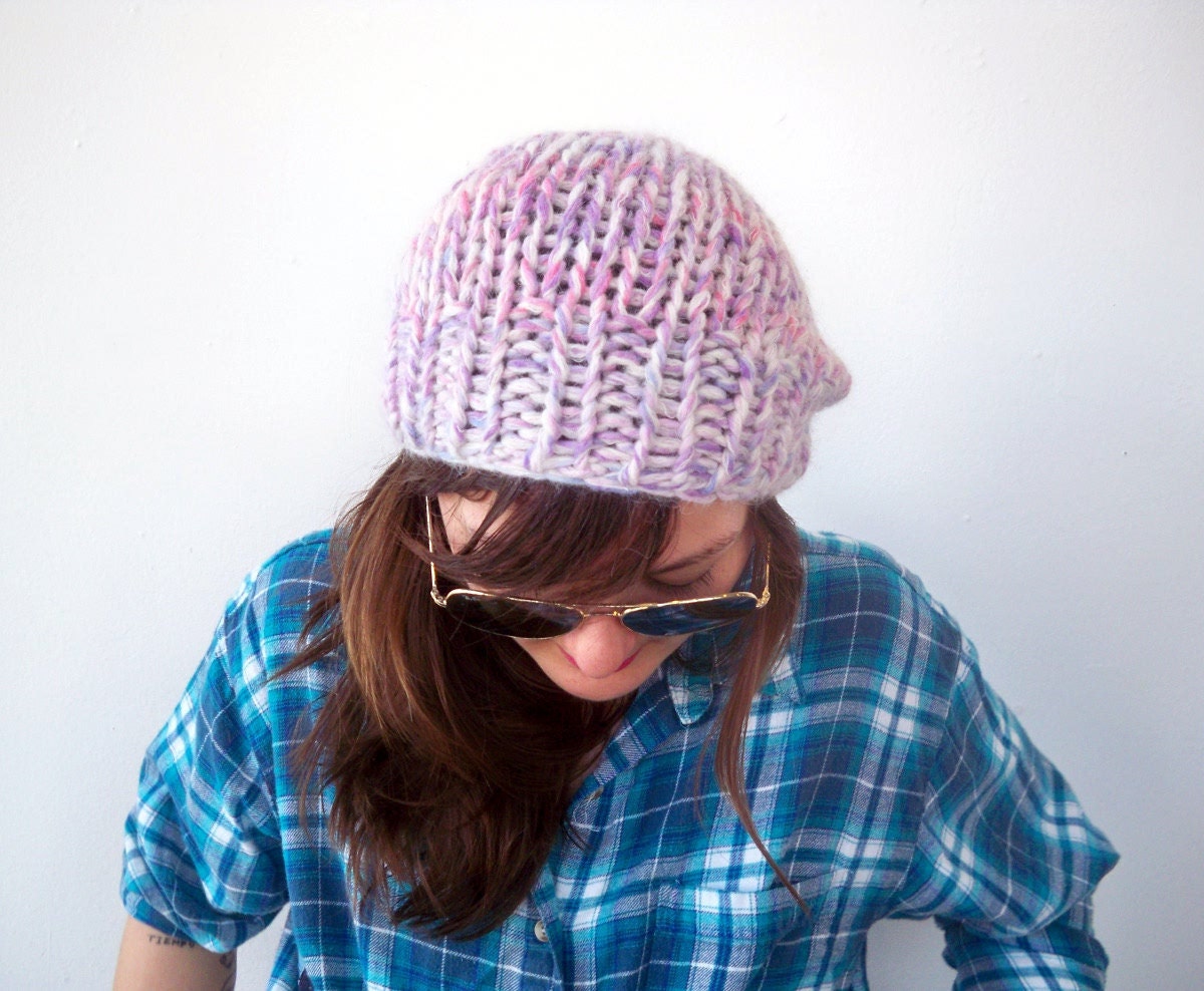 Chunky knit handdyed beret - OOAK watercolor tiedye beanie - soft cloud angora eco yarn