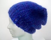 Cobalt blue purple mohair beanie - indigo fuzzy recycled yarn - slouchy chunky knit