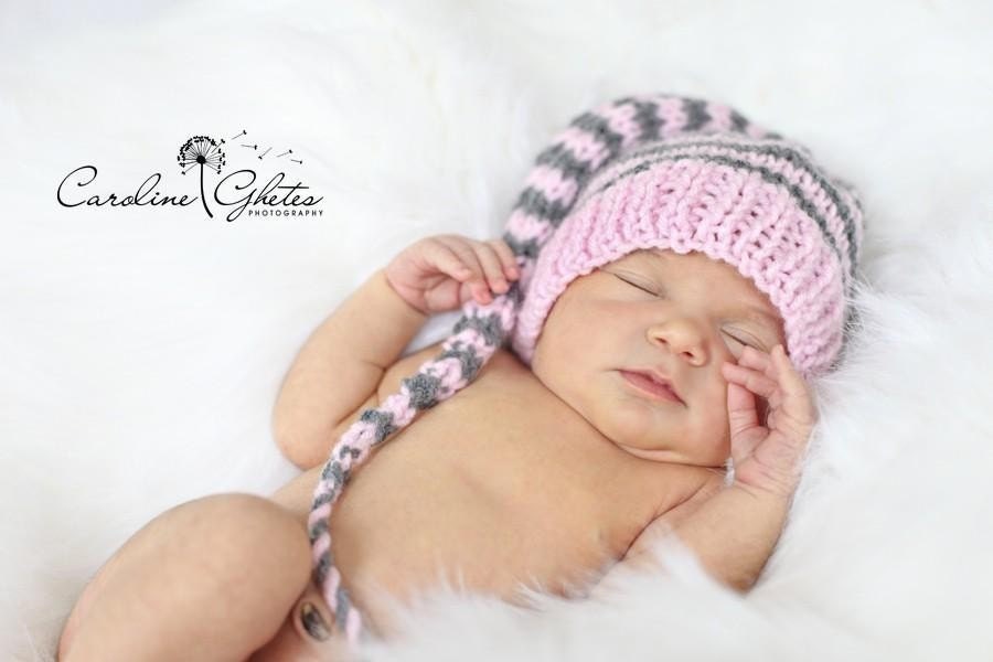 Newborn Girl Hat Baby PHoTO ProP Striped Munchkin Stocking Cap Long Tail pretty pink w dark grey or Pick Colors Knit 2 Order beanie