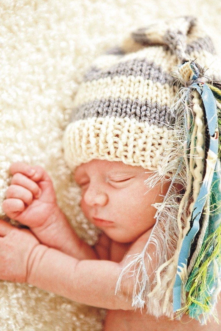 Newborn Boy Girl Baby Hat PHoTO PRoP Super Tassled CHUCKLES Cap UNiGENDeR Ivory Grey Stripe w Pastel Blue Green Pick Colors Knit to order