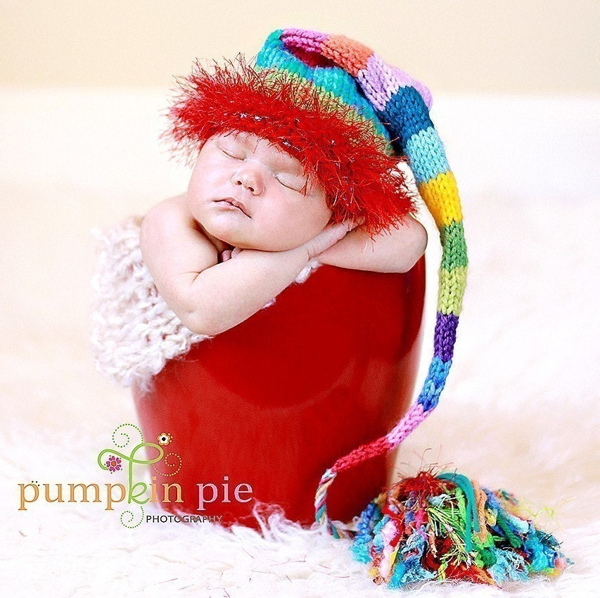 newborn Girl Boy Hat Baby Photo PROP Munchkin TICKLES Rainbow Stocking Cap Unigender Fuzzy RED Brim FatTassel PiCk CoLors Knit to Order