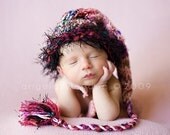 Newborn Girl Hat BaBY OZ PHoTo PRoP Black Pink Munchkin LoNg TAiL Stocking Cap FuZzy Brim FaT Tassel PiCk CoLors SaRi SiLk Knit to Order