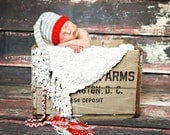Newborn Boy Girl Hat Baby Photo PRoP Unigender RoCKiN Munchkin SoCk MoNKeY TiCkLe TaSSeL Stocking Cap Red w Grey Ivory stripe KNiT to ORDeR