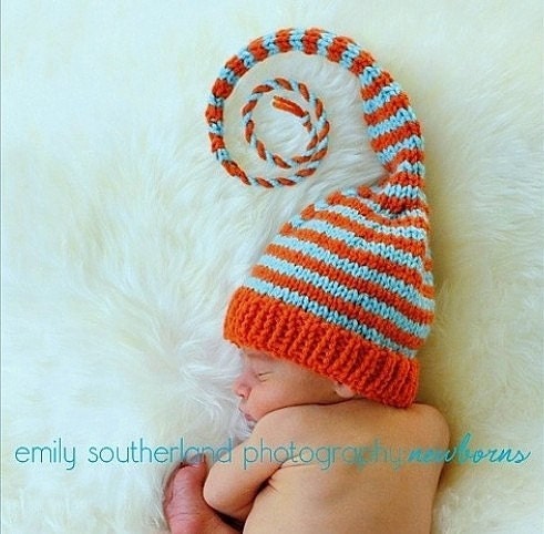 Newborn Hat Baby Photo Prop Munchkin Stocking Cap Long tail Orange Aqua Pick Colors Knit to Order Unigender Boy Girl Featured parentscom