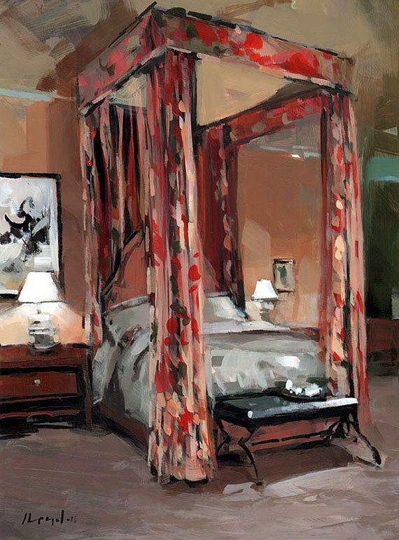 Art Print Floral Interior Curtains Bedroom 9x12 on 11x14 - Four Poster with Floral Curtains by David Lloyd - lloydgallery