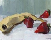 Original Painting Still Life Fruit Strawberry Banana Red Yellow 5x7 Acrylic Quick Study - Strawberries and Banana by David Lloyd