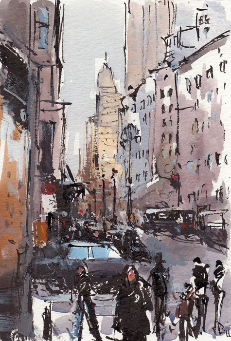 Art Print City Street People Modern Painting Sketch 5x7 on 8x10 - Bustle by David Lloyd - lloydgallery