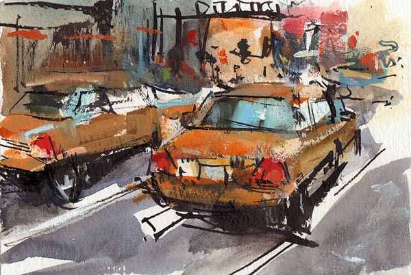 Art Print Taxi New York Urban Metro Modern Painting Sketch 5x7 on 8x10 - Taxis by David Lloyd