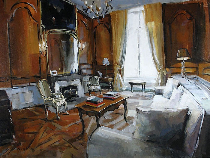 Art Print Interior Light Wood Panel Window 9x12 on 11x14 - Drawing Room by David Lloyd