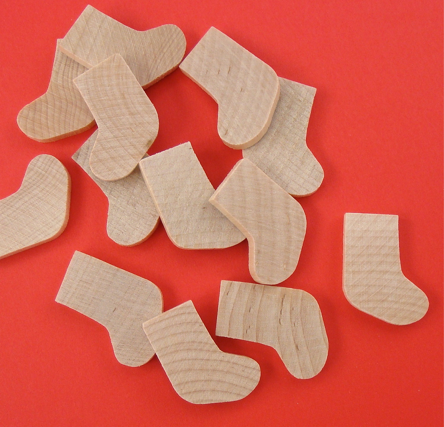 50 mini stockings socks  . unfinished wood cut out shapes . Christmas motif .  BULK lot SALE