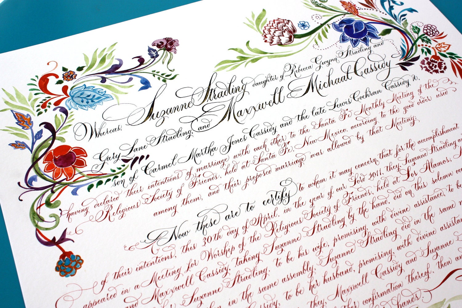 Large Quaker Wedding Certificate - hand illustration and calligraphy