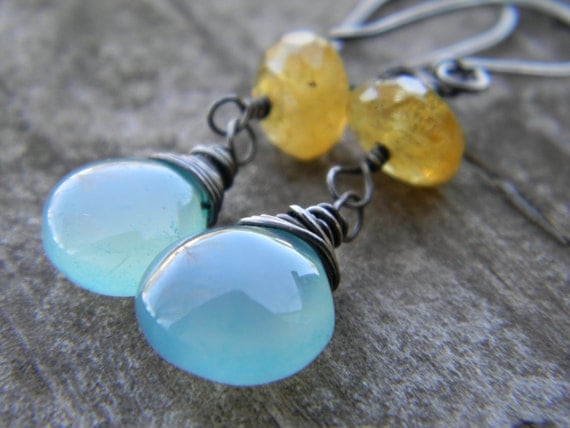 smooth aqua chalcedony and rare faceted yellow helidor aquamarine earrings - oxidized silver