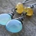 smooth aqua chalcedony and rare faceted yellow helidor aquamarine earrings - oxidized silver