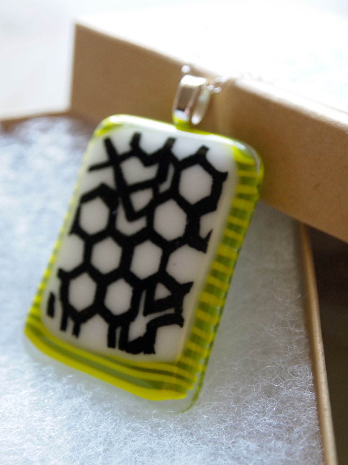 Honeycomb on the Grass: Fine fused glass pendant on a sterling chain