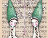 Folk acorn girls art print, "Our Oak Tree"