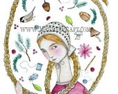 Folk braids girl art print, "Bird, Beetle, Branch"